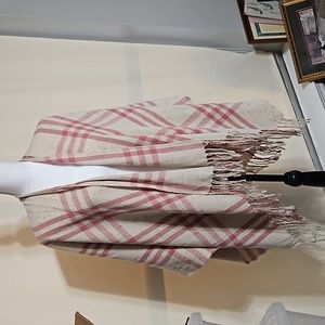 Cream and Pink Plaid Fringe Cape Coat